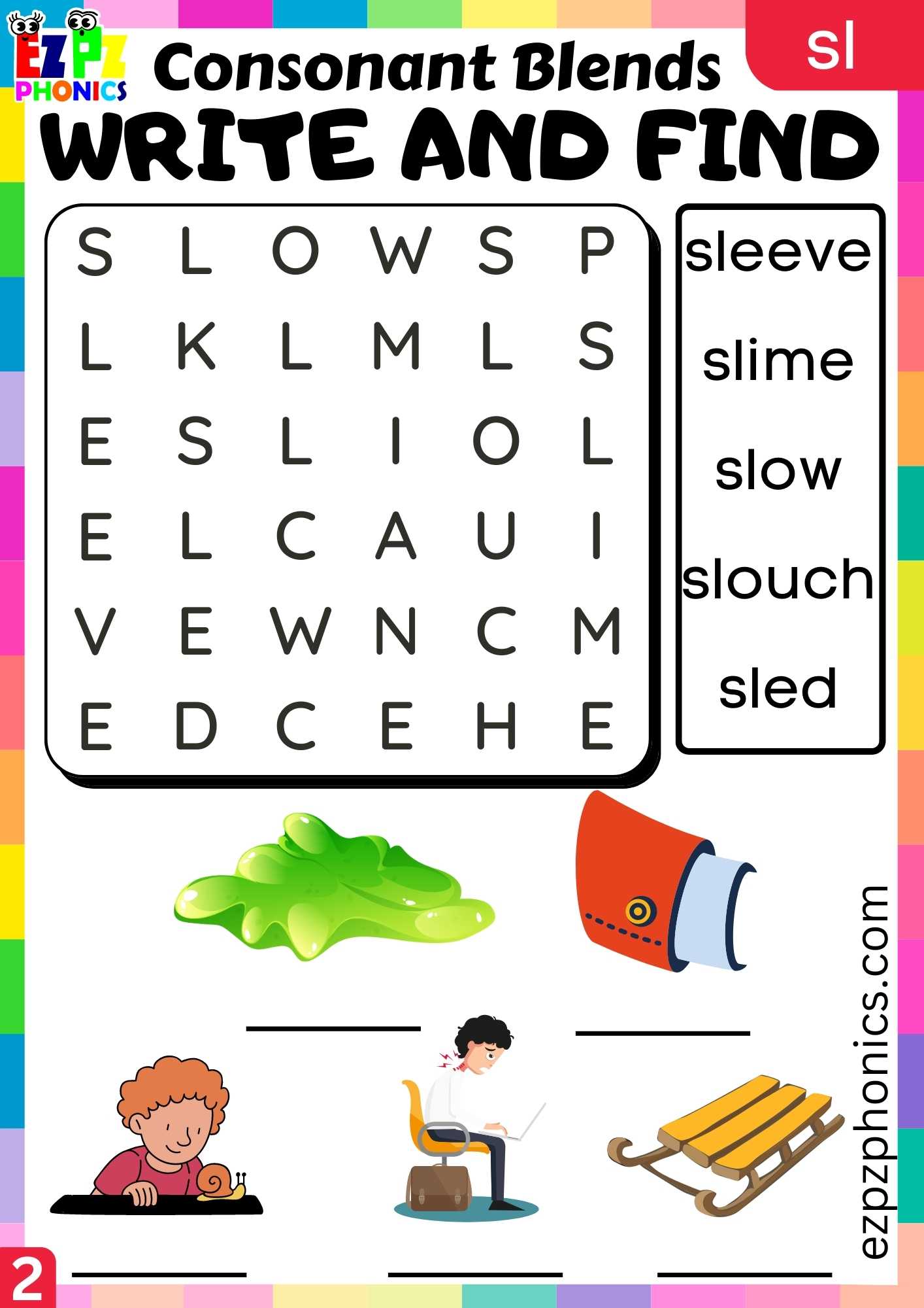 Group2 Sl Words Write And Find Phonics Consonant Blends Worksheet